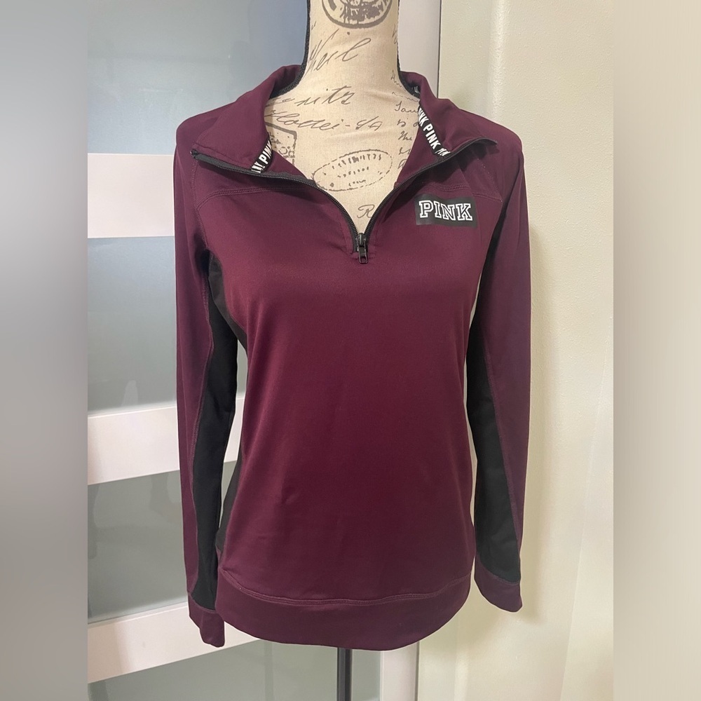 PINK Victoria’s Secret Maroon Quarter-Zip pullover Sweatshirt SZ Medi…